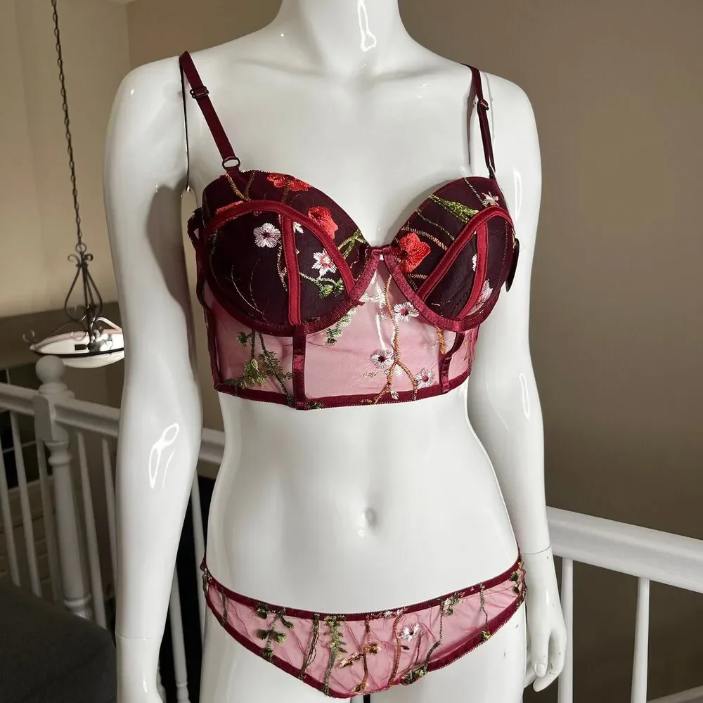 Sexy Floral Lace Lingerie Matching Set Women’s Size L #675